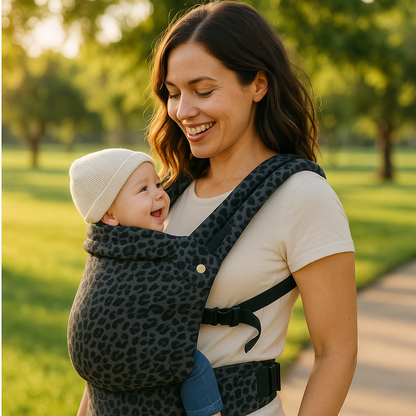 bebe dans son porte bebe leopard