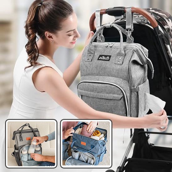 maman avec le Sac a langer accrocher a la pousette avec vue details multipoches