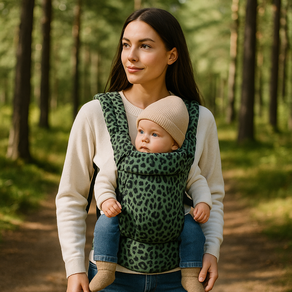 maman et son bebe dans les bois portebebe vert
