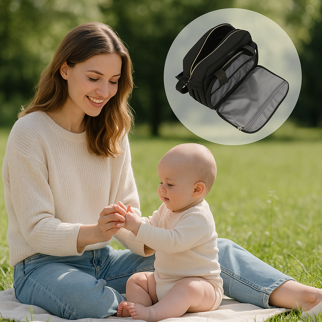 une maman avec son bebe assis sur l herbe avec vue du sac a langer avec details multipoches
